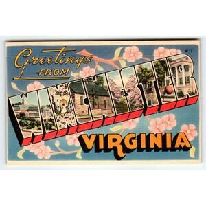 Greetings From Winchester Virginia 1940's Large Letter Linen State Postcard VA